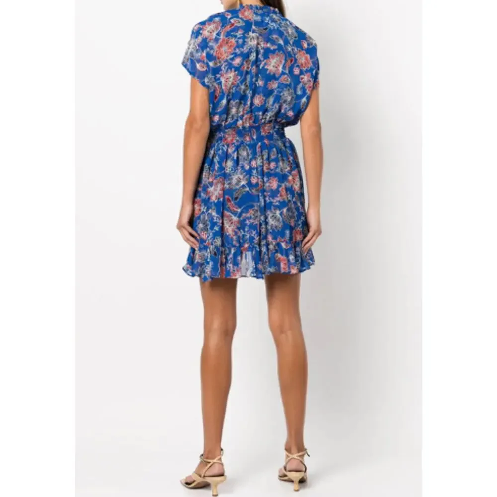 Misa LA Dominque Chiffon Smocked Tiered Mini Dress Blue Floral Print M